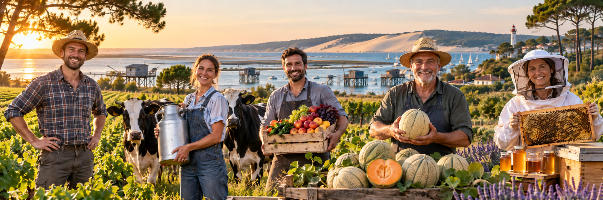 Agriculteurs, élevage, fruits, melons et apiculture dans un paysage de Nouvelle-Aquitaine